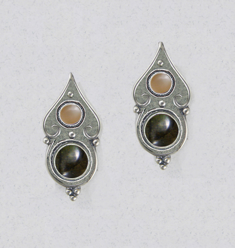 Sterling Silver Gothic Look Post Stud Earrings With Spectrolite And Peach